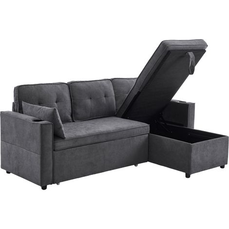 Sofá cama L con almacenamiento y portavasos, tejido gris, 3 plazas, 211 x 130 x 86 cm (1/5)