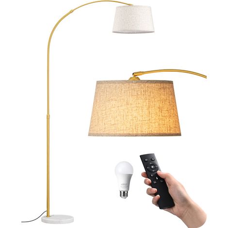 EDISHINE Lámpara de Pie para Salón, Altura Ajustable 143-176 cm, Lámpara de Arco con Cabeza Giratoria y Estructura de Metal, Mando Magnético, Regulable, Casquillo E27 con LED 9W Incluida, Beige, Oro