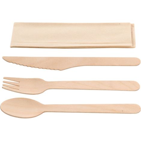 Kit couverts 4 en 1 en bois : couteau + fourchette + cuillère + serviette kraft - 500 unités - Betik