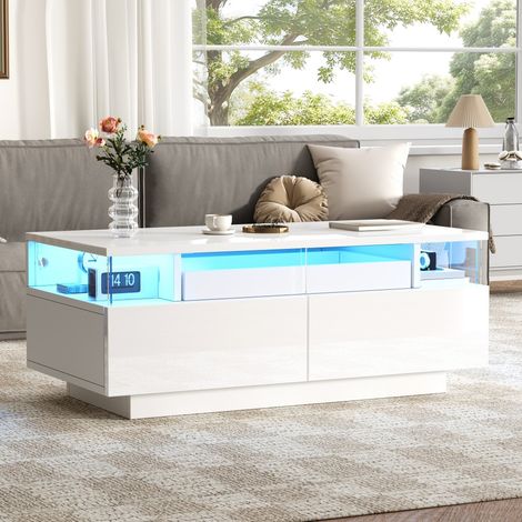 Table basse blanche brillante 90x45x35.5cm avec 2 tiroirs, plateau verre trempé et éclairage LED, design contemporain pour salon et canapé, fonctionnel (1/5)