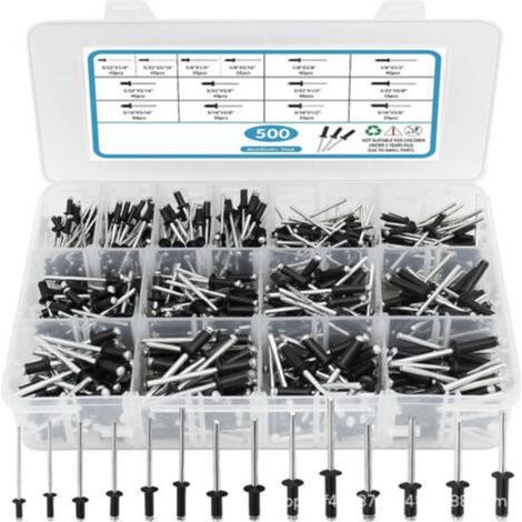 Assortiment de 500 rivets noirs Pop Rivets, 14 tailles de rivets en aluminium (3/32", 1/8", 5/32", 3/16"), ensemble de rivets aveugles pour métal avec séparateur renforcé et étui étiqueté (1/4)