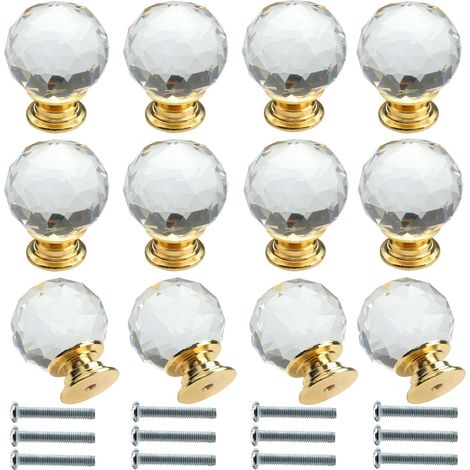 JSSEVN - Set of 12 round clear crystal glass door handles with screws, 30 mm, high-end drawer handles, lightweight, single-hole handles (1/5)