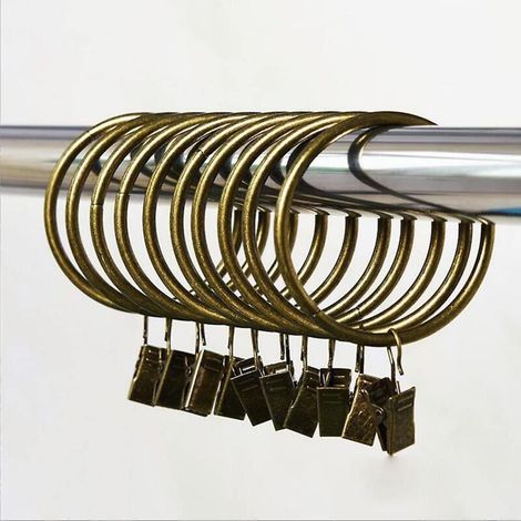 Bronze curtain rings with decorative clips/hooks made of sturdy metal with eyelets for drapery, windows, bathroom, home kitchen (10 pieces) (1/5)