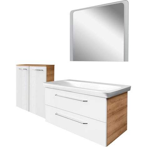 Fackelmann MILANO Badmöbel Set 4-teilig 100 cm, Braun hell/Weiß, Keramik, Spiegel+Doppel-Midischrank"-"90312145 (1/3)