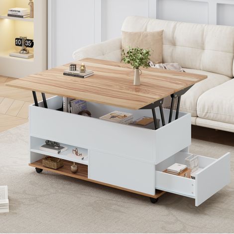 Tavolino rialzabile 100x98x65 cm bianco e legno, vano nascosto, ruote, MEUBLIV (1/5)