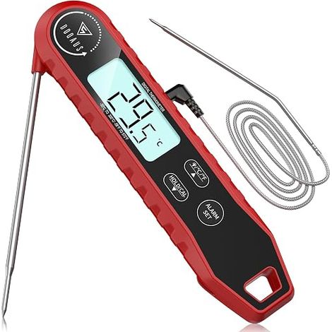 Kitchen Thermometer Double Folding Probe Instant Read 3s Probe 100 cm Temperature Alarm Digital Dial Thermometers Meat Oven BBQ Smoker Red (1/3)