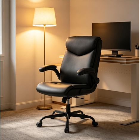 Sedia da ufficio ergonomica girevole in PU nero con poggiatesta e braccioli ribaltabili MODENUIT (1/4)