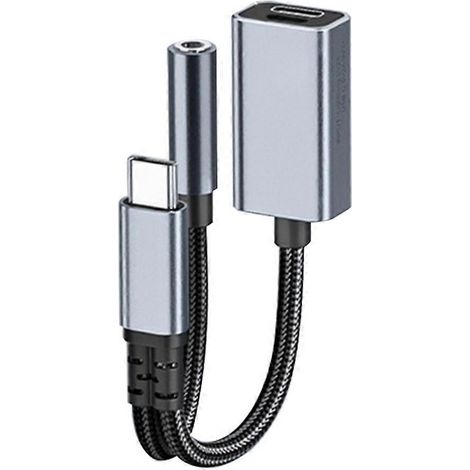 Adaptateur audio auxiliaire 3 en 1 USB-C vers 3,5 mm/Type-C/iOS avec charge rapide PD (gris) (1/5)