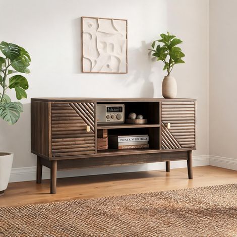 Meuble TV 110 cm avec rangements style Mid-Century walnut en MDF (1/5)