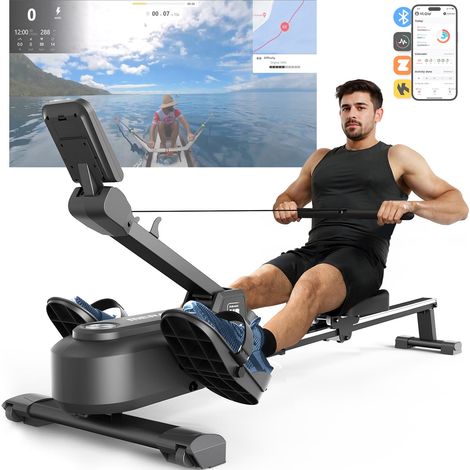 Merach – Rameur magnétique 16 niveaux de résistance – Résistance électromagnétique – Écran LCD connecté Kinomap – Charge max 150 kg – Pliable
