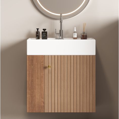 Meuble vasque suspendu 55 cm avec lavabo intégré, MDF marron, pour petit bain (1/5)
