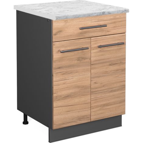 Mobiletto base per cucina Fame-Line, Rovere dorato, 60 cm con cassetto, PL Marmo, Vicco