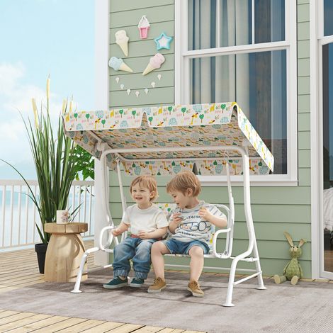 Balançoire extérieure deux places pour enfants avec auvent réglable et ceintures de sécurité. 112 x 75 x 120 cm. Blanche.