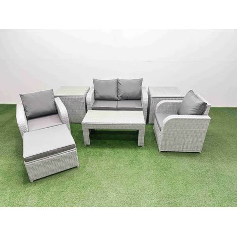 Fimous Light Grey PE Wicker Rattan Garden Furniture Set Sofa Set Reclining Adjustable Chair Oblong Coffee Table 5 Seater With Footstool 2 Side Table (1/4)