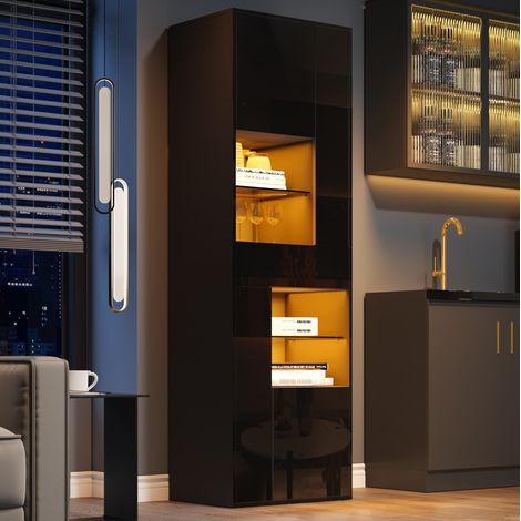 Schwarze Vitrine mit LED-Beleuchtung, 1 Schublade und 4 Fächern, 55 x 38 x 170 cm HAVRYA (1/5)