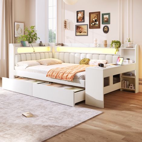 Lit banquette 140x200 cm avec bureau et 2 tiroirs, avec LED et ports USB, en lin, blanc (1/5)