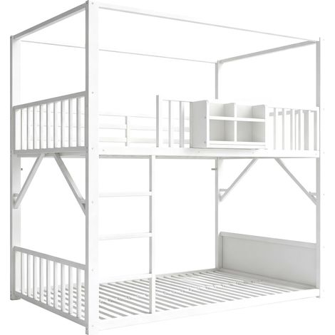 Lit Superposé Enfant 90 x 200 cm structure métallique Cadre de Lit une place gain de place construction de toit coloris blanc