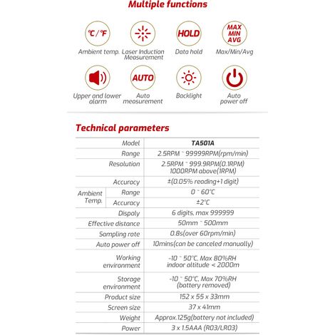 Tachimetro digitale LCD TASI TA501A, contagiri portatile senza contatto con laser, ampio intervallo di misurazione da 2,5 a 99999 giri/min, ideale per l'industria meccanica e il collaudo di motori aut (1/5)