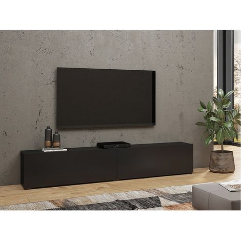 Meublorama – Meuble TV 180cm avec 2 portes abattantes – Couleur noir et chêne – Structure en panneaux de particules et MDF – Design moderne
