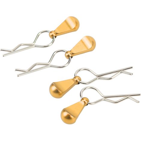 Quatre clips métalliques pour carrosserie de voiture télécommandée avec languettes de traction, adaptés aux pièces de mise à niveau des voitures télécommandées 1/8 et 1/10, couleur or. (1/5)