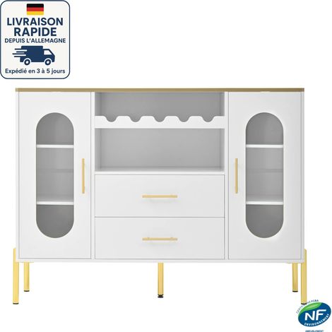 Aparador de 2 puertas 140 cm - Con panel de cristal y botellero - Contemporáneo - Con decoración dorada - Blanco (1/5)