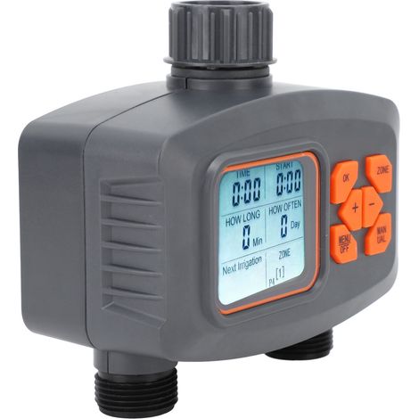 Temporizador de riego automático con 2 salidas, adaptador macho G3/4 a hembra G1/2, doble zona. (1/5)