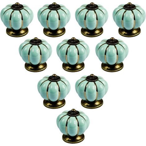 Lot de 10 boutons de meuble en céramique de style européen vintage et en forme de citrouille pour commode, armoires et tiroirs, Light Blue (1/5)