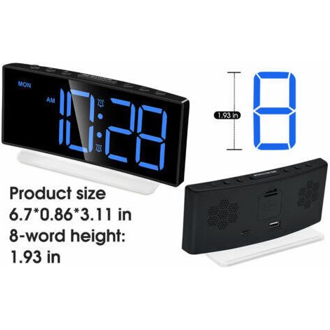 NALOOKAMIC Réveil numérique incurvé à LED avec éclairage RGB, double alarme, format 12/24 heures, luminosité réglable (adaptateur non inclus) (1/3)