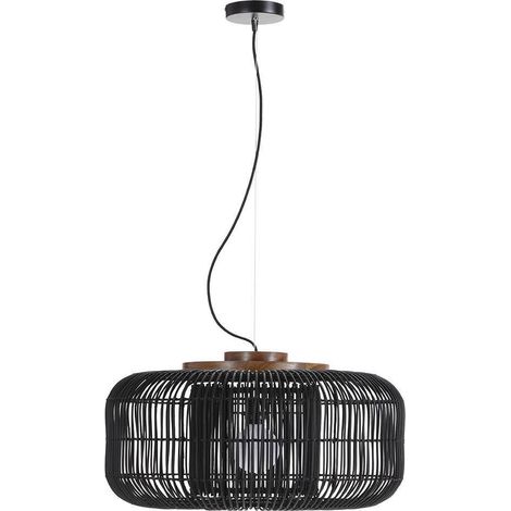 Suspension en rotin noir ajouré - noir et bois (1/4)