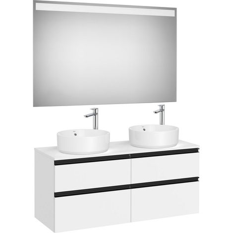 Pack meuble "The gap"1200 pour 2 vasques à poser - 4 tiroirs + plan + miroir LED - blanc mat/poignées noires - Roca (1/2)