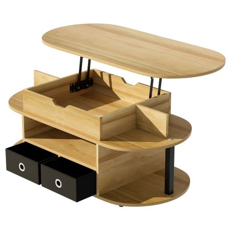 Table basse relevable imitation bois, rangement, tiroirs tissu noir