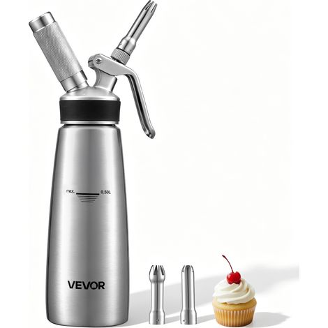 VEVOR Siphon Chantilly 500 mL Distributeur de Creme Fouettee SANS CARTOUCHE, pour Cafes Patisseries Amateurs, en Acier Inoxydable 304, Appareil a Chantilly N₂O sans Fuite, avec 3 Embouts Decoratifs (1/5)