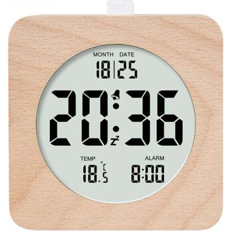 Quadratischer digitaler Wecker aus Holz, Morgenwecker, LCD-Digitaluhr mit Datums-, Temperatur-, Schlummer- und Hintergrundbeleuchtungsanzeige, batteriebetriebener Digitalwecker