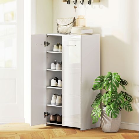 Schuhschrank 55x36x108 cm Weiß Holz mit verstellbaren Regalböden und Hochglanz-Oberfläche (1/2)