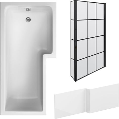 L Shape 1700x850 Shower Bath Set – Front Panel & Black Grid Fixed Return Screen, Right Hand