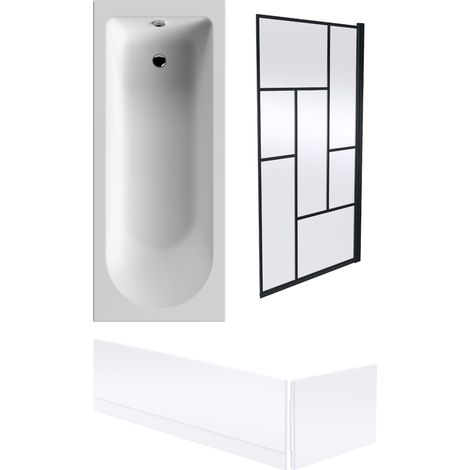 Round Single Ended 1700x700 Bath Set – Front & End Panels, Black Abstract Framed Screen & Leg Set