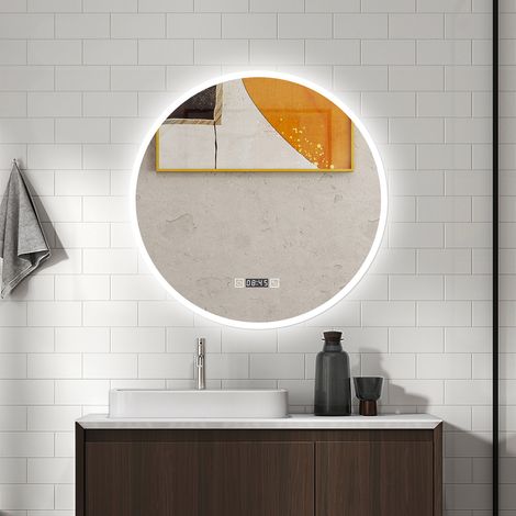 AICA Specchio da bagno rotondo 80 cm LED, Antiappannamento,orologio, 3 colori temperatura e luminosità regolabili, Funzione Memoria,IP44 (1/5)