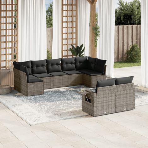 9-tlg. Garten-Sofagarnitur mit Kissen Grau Poly Rattan (1/3)