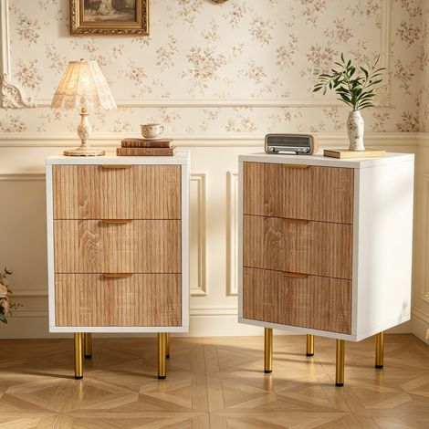 Lot de 2 Table de Chevet - Table de Nuit avec 3 tiroirs, Table d'appoint pour Chambre à Coucher - Meuble de Rangement Moderne, Blanc