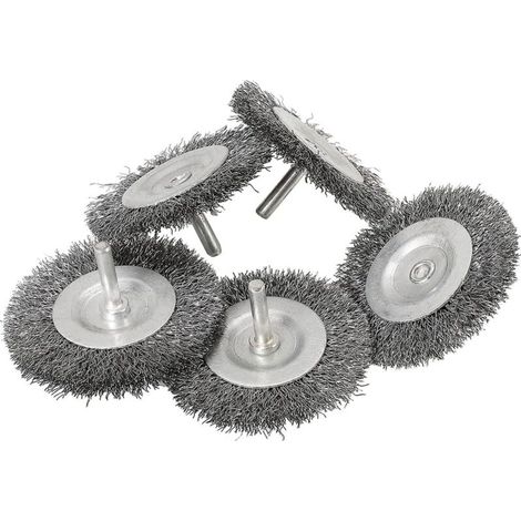 Set mit 5 feinen Stahldraht-Scheibenbürsten (Ø 75 mm) für Metall und Stein, Drahtbürste für Bohrmaschinen mit 6-mm-Schaft, zum Entrosten, Abbeizen, Raspeln und Reinigen