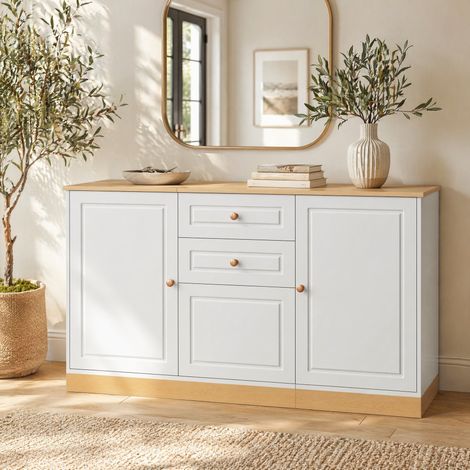 Buffet 135,5 x 39 x 76 cm avec 3 portes et 2 tiroirs, étagères réglables, blanc et décor bois HAVRYA (1/5)