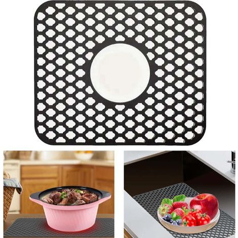 Protection d'évier en silicone, tapis d'évier de cuisine à évacuation centrale, accessoire pour comptoir de cuisine, évier, réfrigérateur ou tiroir, parfait pour évier en acier (1/4)