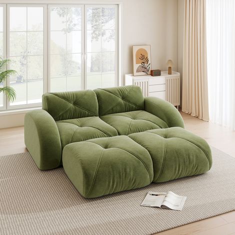 Divano modulare 2 posti verde in ciniglia con 2 pouf, senza struttura, senza montaggio, OKWISH (1/5)