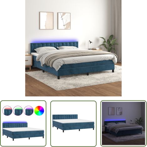 The Living Store Sommier à lattes de lit matelas et LED Bleu foncé 180x200 cm - Lit Plateforme - Lit Design - Lit Velours - Lit Avec Led - Lit Double (1/5)