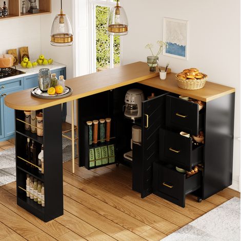 Bartisch MDF schwarz mit Holzoptik, ausziehbar 135-228x39x104 cm, rollbar mit Stauraum (1/5)