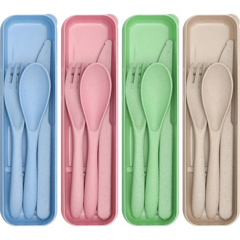 4 Couvert Plastique, Couverts Plastique Reutilisable avec Etui, Couverts Lunch Box avec Cuillère, Couteau et Fourchette, Couverts pour les Voyages, l'école et le Bureau (1/5)