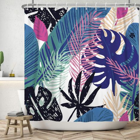 152x183cm Aquarelle Abstrait Rideau de Douche Coloré Monstera Feuille de Palmier Bleu Violet Plante Tropicale Salle de Bain Baignoire Étanche (1/5)