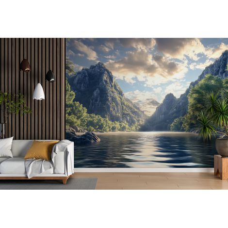 Papier peint campagne - montagnes et lac miroir - 150 x 250 cm (1/2)