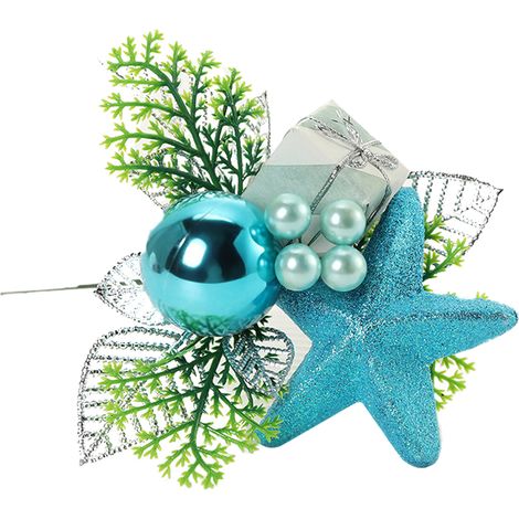 Cueillette d'arbre de nol, tige bleue à paillettes artificielles, accrocheuse, avec bote cadeau, feuilles de baies de pomme de pin pour décoration de couronne (1/5)