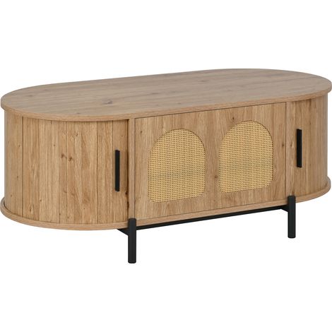 Mesa de centro ovalada con ratán, puertas correderas, efecto madera y patas metálicas (1/5)